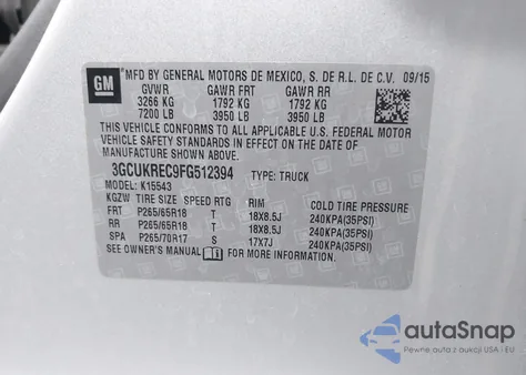 2015 Chevrolet Silverado 1500 2Lt z USA, uszkodzony, nr VIN 3GCUKREC9FG512394